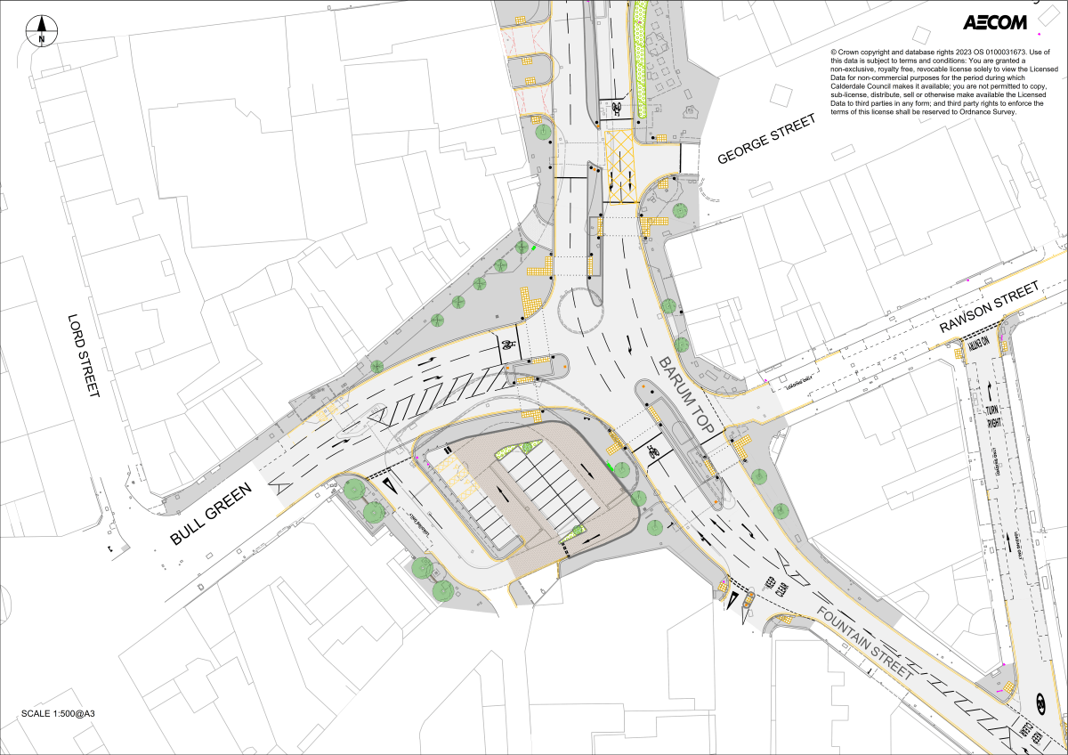 Drawing showing proposals for changes to the road layout, crossings and cycle routes, and removal of the roundabout at Bull Green.